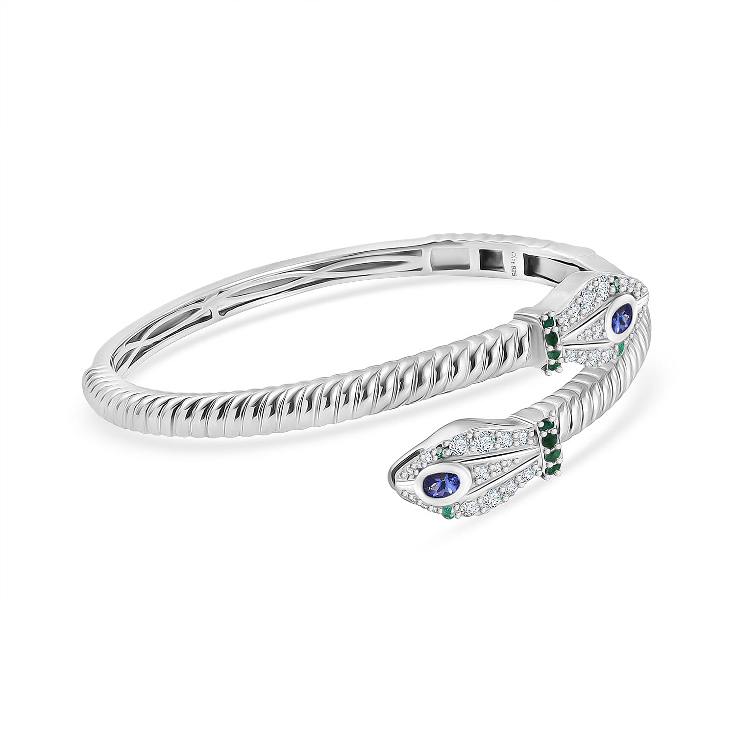 D'Joy Tanzanite, White Zircon, Zambian Emerald Bangle (Size 7.5) in Rhodium Overlay Sterling Silver 2.53 Ct, Silver Wt. 23.05 Gms.