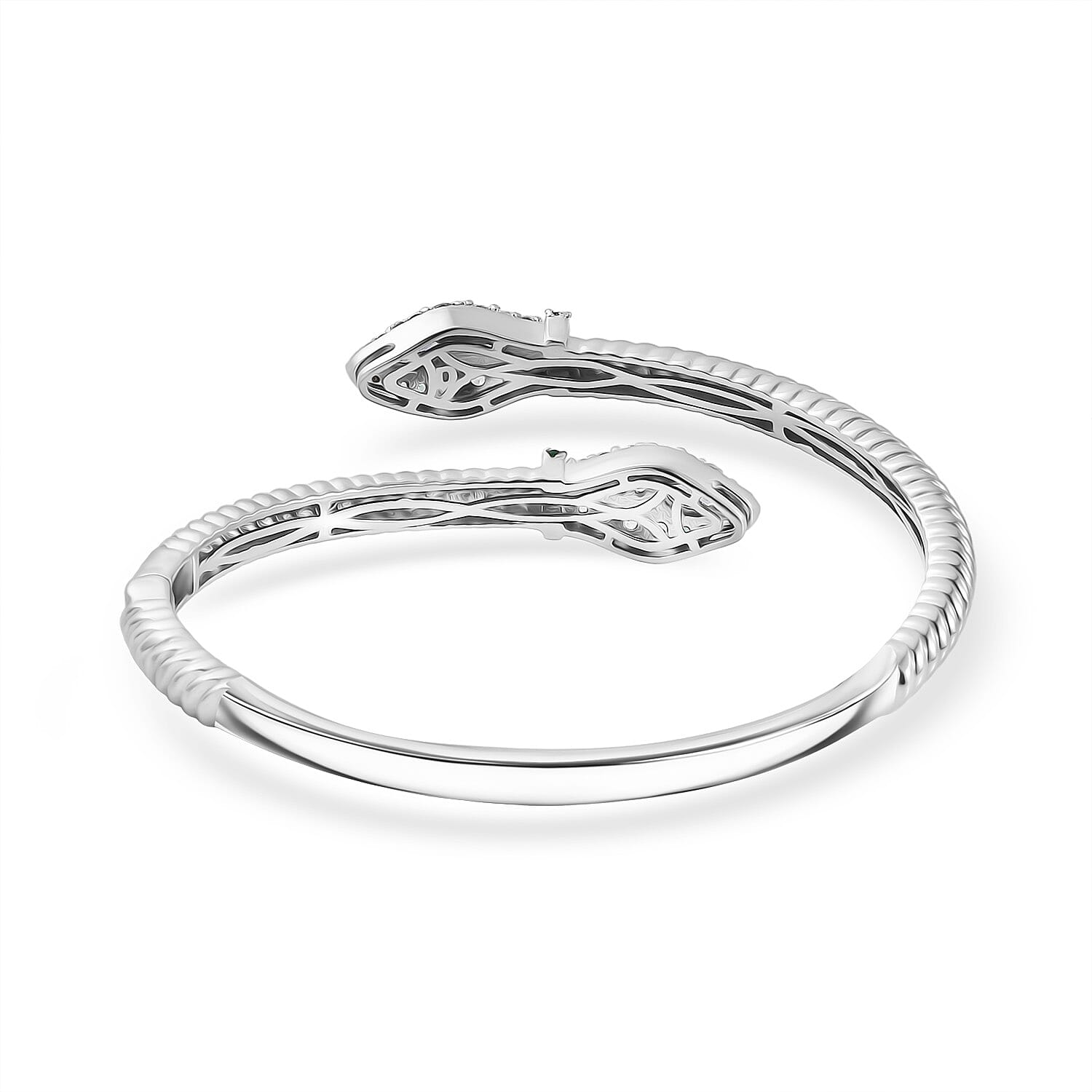 D'Joy Tanzanite, White Zircon, Zambian Emerald Bangle (Size 7.5) in Rhodium Overlay Sterling Silver 2.53 Ct, Silver Wt. 23.05 Gms.