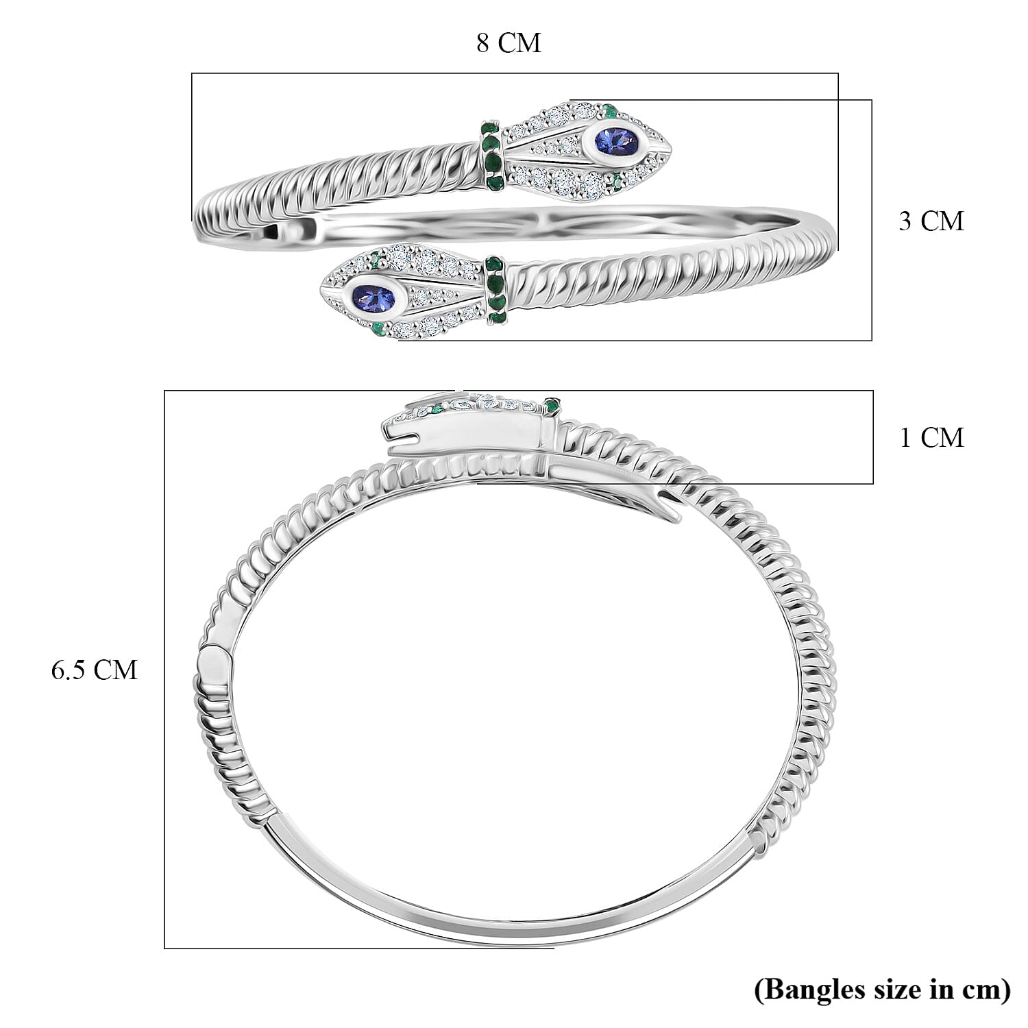 D'Joy Tanzanite, White Zircon, Zambian Emerald Bangle (Size 7.5) in Rhodium Overlay Sterling Silver 2.53 Ct, Silver Wt. 23.05 Gms.