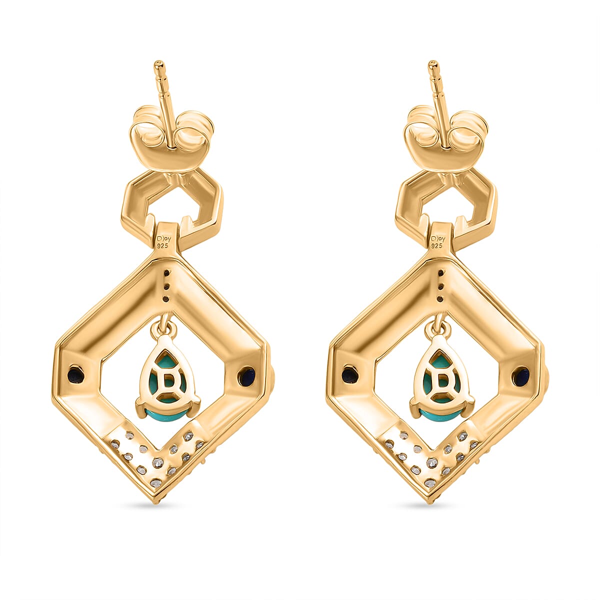 Sleeping Beauty Turquoise, Lapis Lazuli & White Zircon Dangling Earring with Push Back in Yellow Gold Plating Sterling Silver 1.69 Ct. Sleeping Beauty Turquoise, Lapis Lazuli & White Zircon Dangling Earring with Push Back in Yellow Gold Plating Sterling Silver 1.69 Ct.