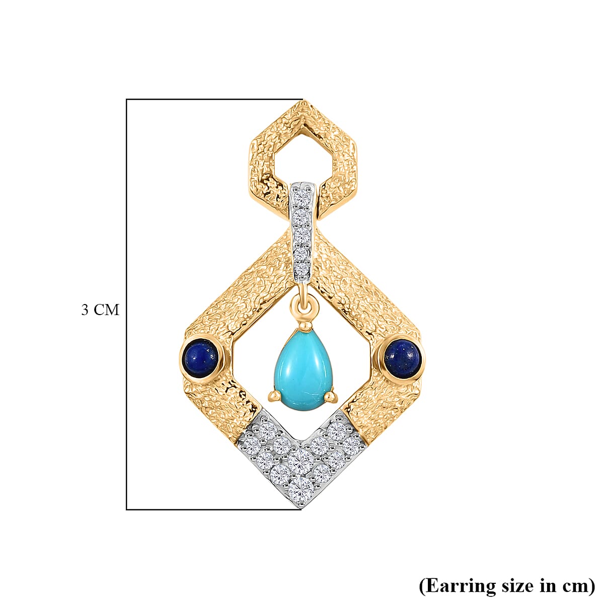 Sleeping Beauty Turquoise, Lapis Lazuli & White Zircon Dangling Earring with Push Back in Yellow Gold Plating Sterling Silver 1.69 Ct. Sleeping Beauty Turquoise, Lapis Lazuli & White Zircon Dangling Earring with Push Back in Yellow Gold Plating Sterling Silver 1.69 Ct.