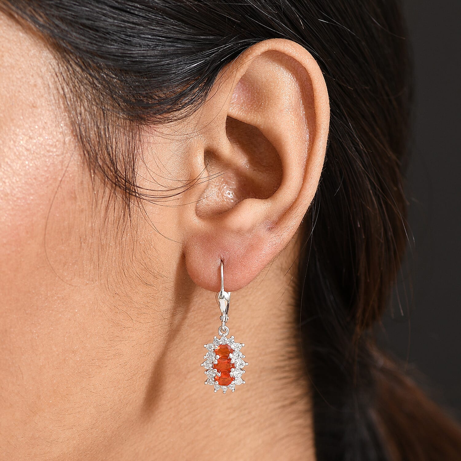 D'joy Crimson Fire Opal & White Zircon Lever Back Earring in Rhodium Overlay Sterling Silver 1.98 Ct.