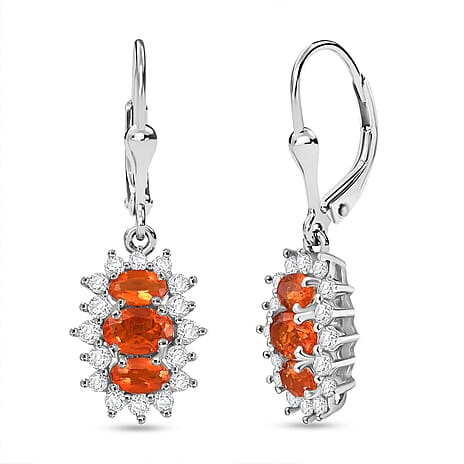D'joy Crimson Fire Opal & White Zircon Lever Back Earring in Rhodium Overlay Sterling Silver 1.98 Ct.
