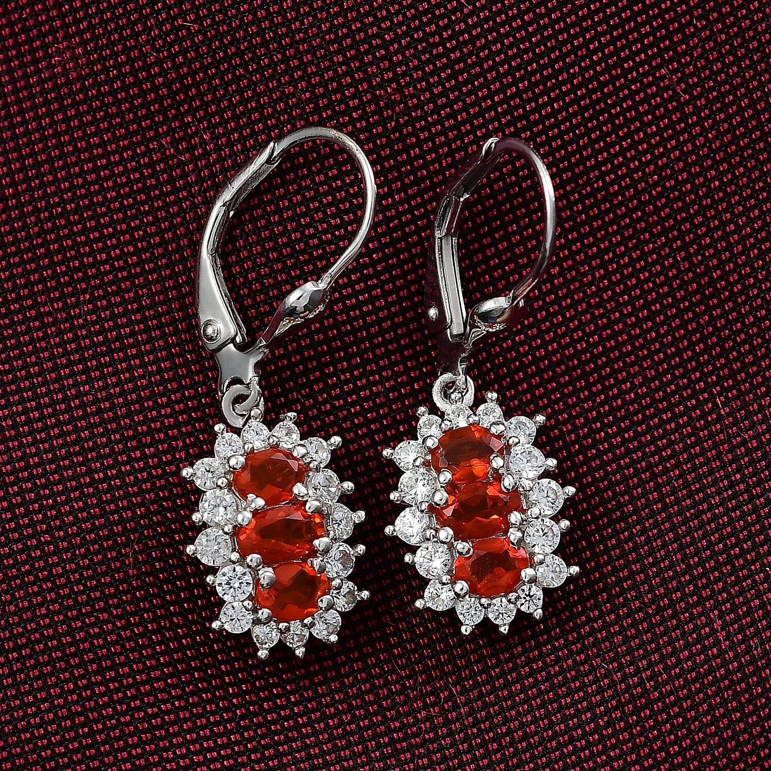 D'joy Crimson Fire Opal & White Zircon Lever Back Earring in Rhodium Overlay Sterling Silver 1.98 Ct.