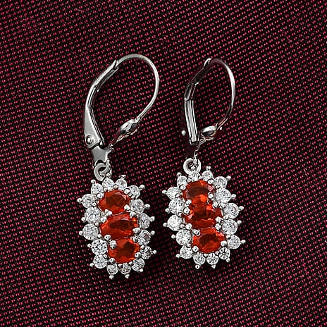 D'joy Crimson Fire Opal & White Zircon Lever Back Earring in Rhodium Overlay Sterling Silver 1.98 Ct.