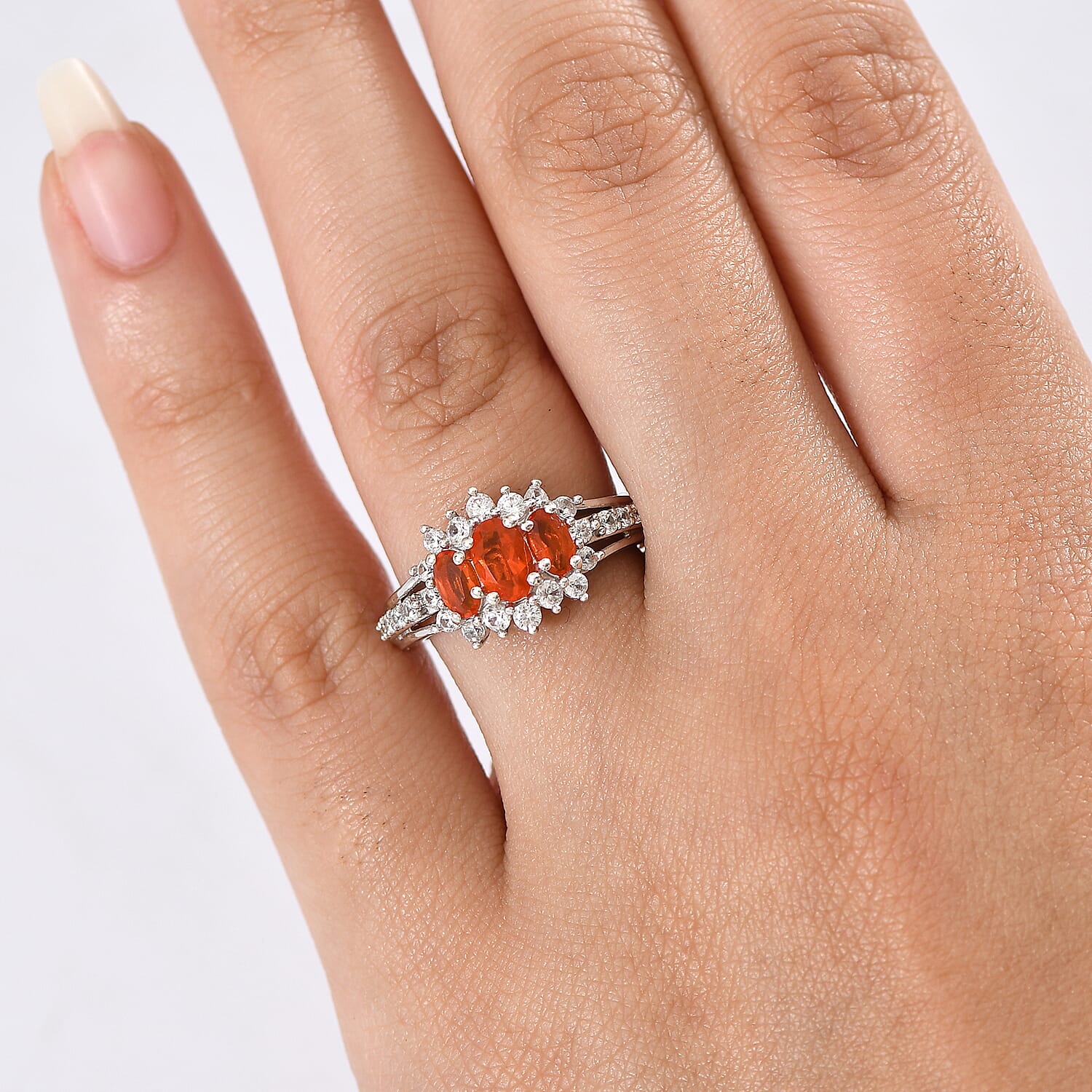 D'joy Crimson Fire Opal & White Zircon Ring in Rhodium Overlay Sterling Silver 1.50 Ct.