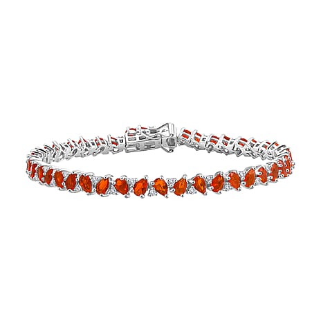 D'joy Crimson Fire Opal & White Zircon Linking Bracelet (Size - 7.5) with GB Lock Box in Rhodium Overlay Sterling Silver 6.62 Ct, Silver Wt. 10.90 Gms.