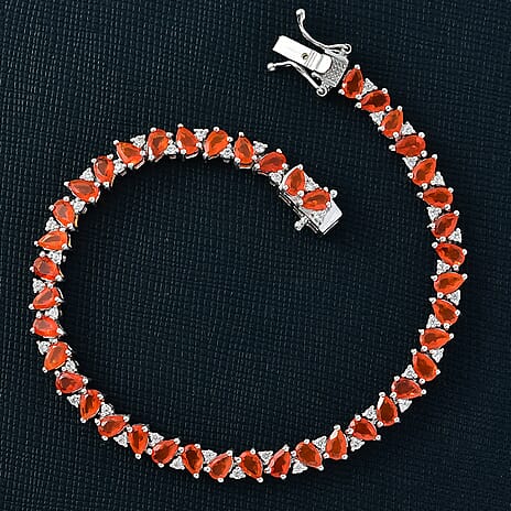 D'joy Crimson Fire Opal & White Zircon Linking Bracelet (Size - 7.5) with GB Lock Box in Rhodium Overlay Sterling Silver 6.62 Ct, Silver Wt. 10.90 Gms.