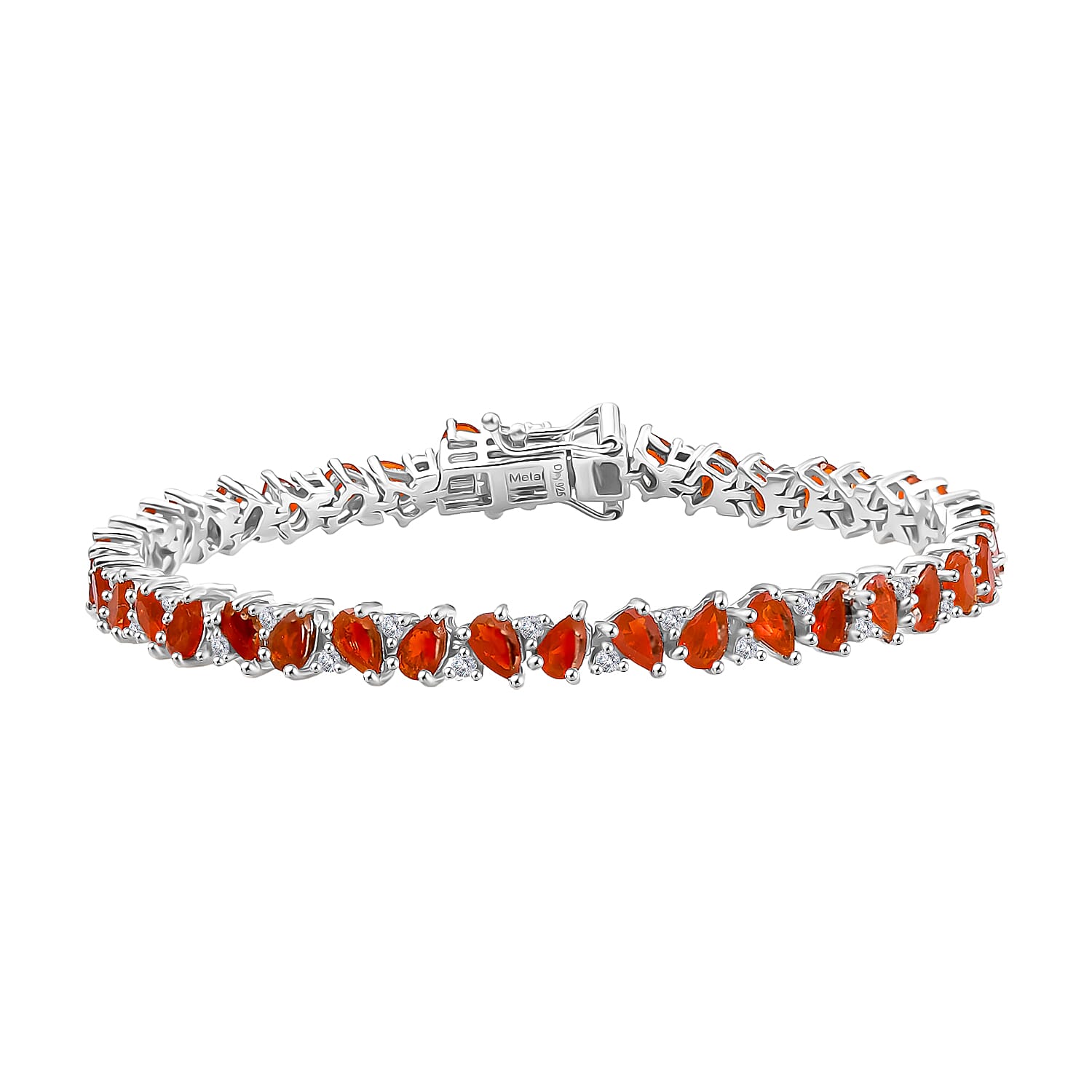 D'joy Crimson Fire Opal & White Zircon Linking Bracelet (Size - 7) with GB Lock Box in Rhodium Overlay Sterling Silver 5.70 Ct, Silver Wt. 10.87 Gms.