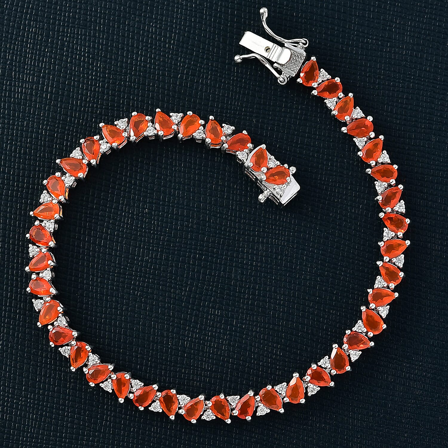 D'joy Crimson Fire Opal & White Zircon Linking Bracelet (Size - 7) with GB Lock Box in Rhodium Overlay Sterling Silver 5.70 Ct, Silver Wt. 10.87 Gms.