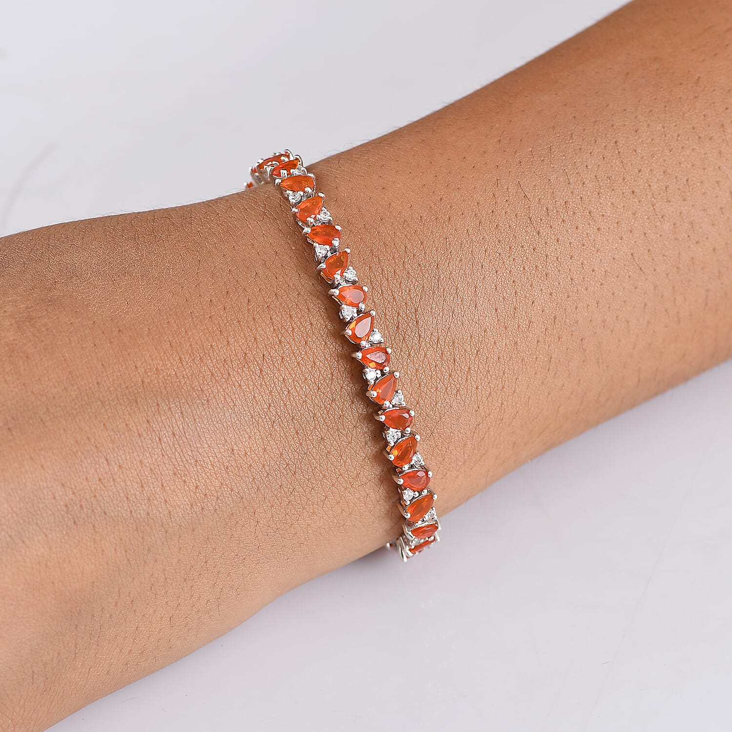 D'joy Crimson Fire Opal & White Zircon Linking Bracelet (Size - 7) with GB Lock Box in Rhodium Overlay Sterling Silver 5.70 Ct, Silver Wt. 10.87 Gms.