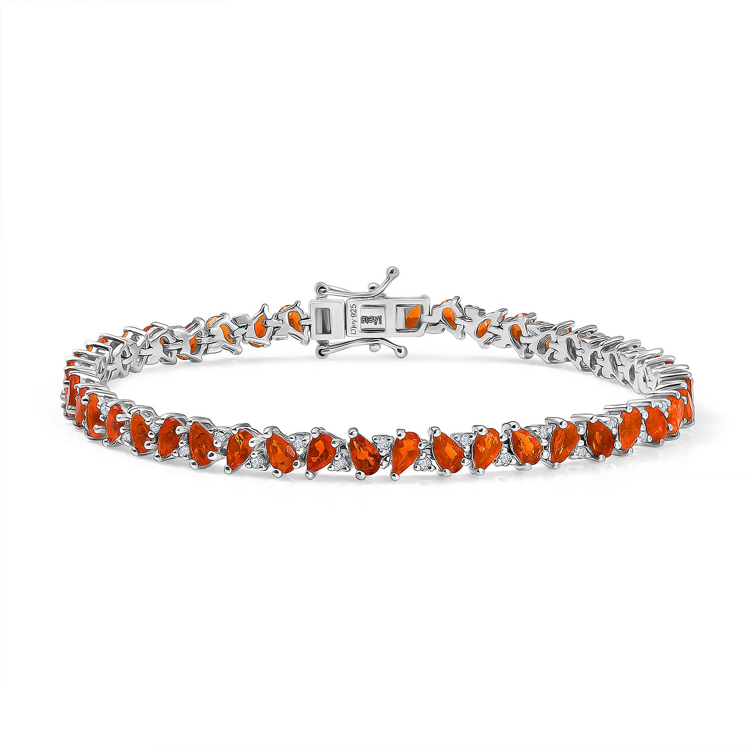 D'joy Crimson Fire Opal & White Zircon Linking Bracelet (Size - 8) with GB Lock Box in Rhodium Overlay Sterling Silver 7.24 Ct, Silver Wt. 12.15 Gms.