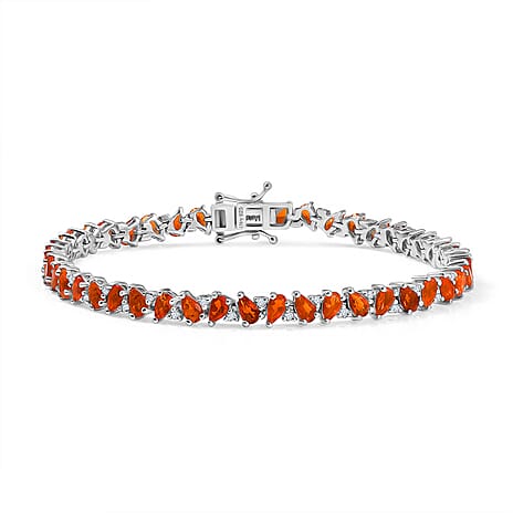 D'joy Crimson Fire Opal & White Zircon Linking Bracelet (Size - 8) with GB Lock Box in Rhodium Overlay Sterling Silver 7.24 Ct, Silver Wt. 12.15 Gms.
