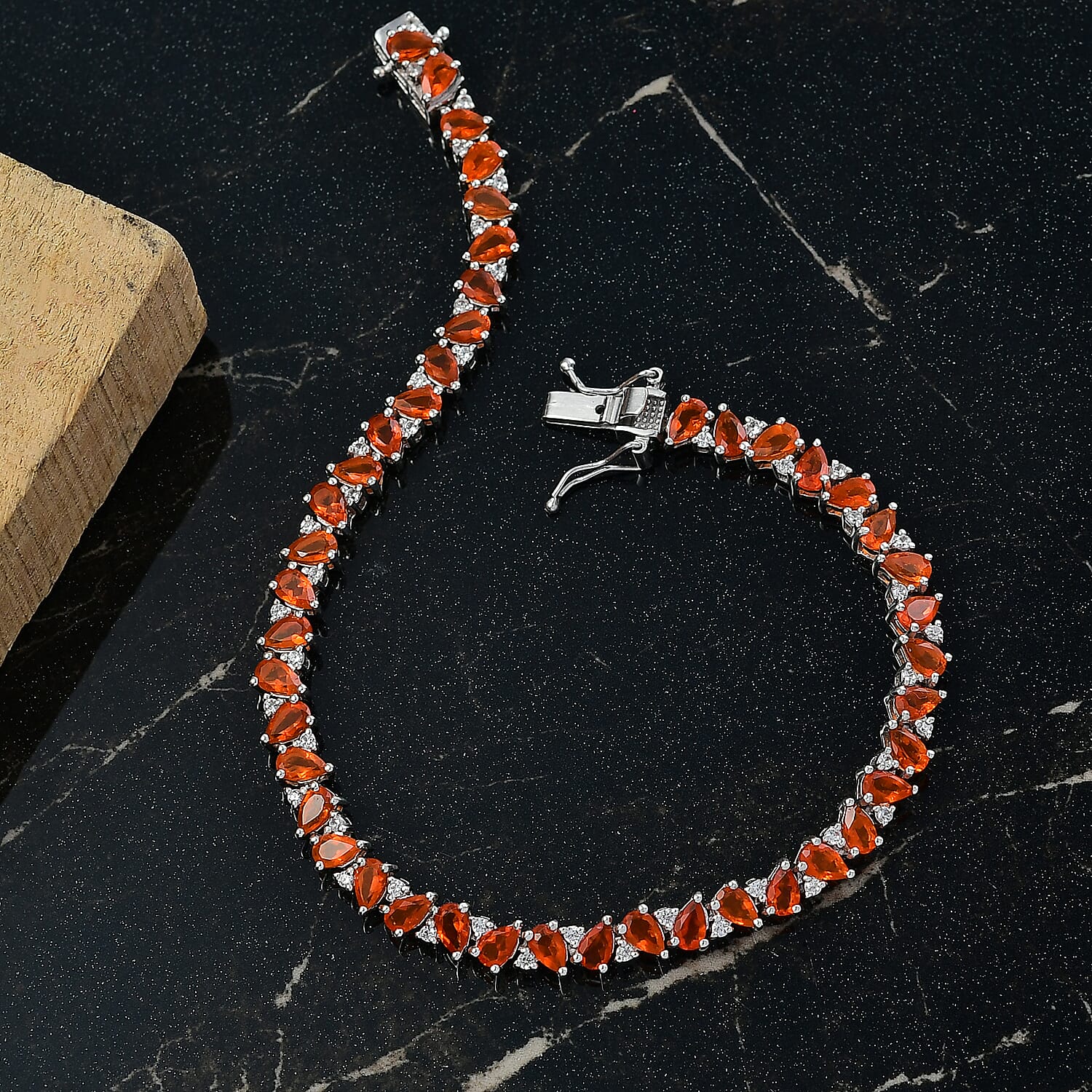 D'joy Crimson Fire Opal & White Zircon Linking Bracelet (Size - 8) with GB Lock Box in Rhodium Overlay Sterling Silver 7.24 Ct, Silver Wt. 12.15 Gms.