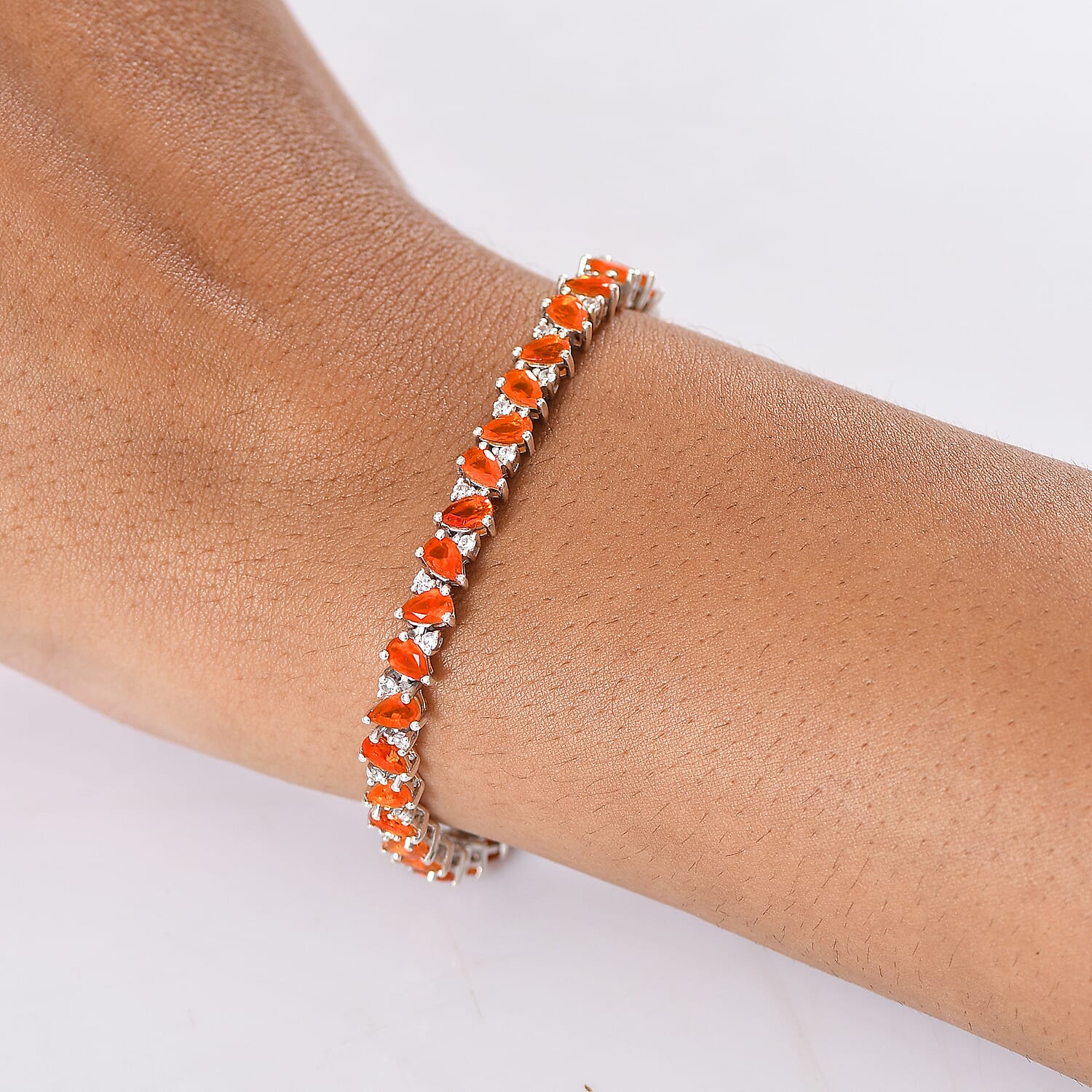 D'joy Crimson Fire Opal & White Zircon Linking Bracelet (Size - 8) with GB Lock Box in Rhodium Overlay Sterling Silver 7.24 Ct, Silver Wt. 12.15 Gms.