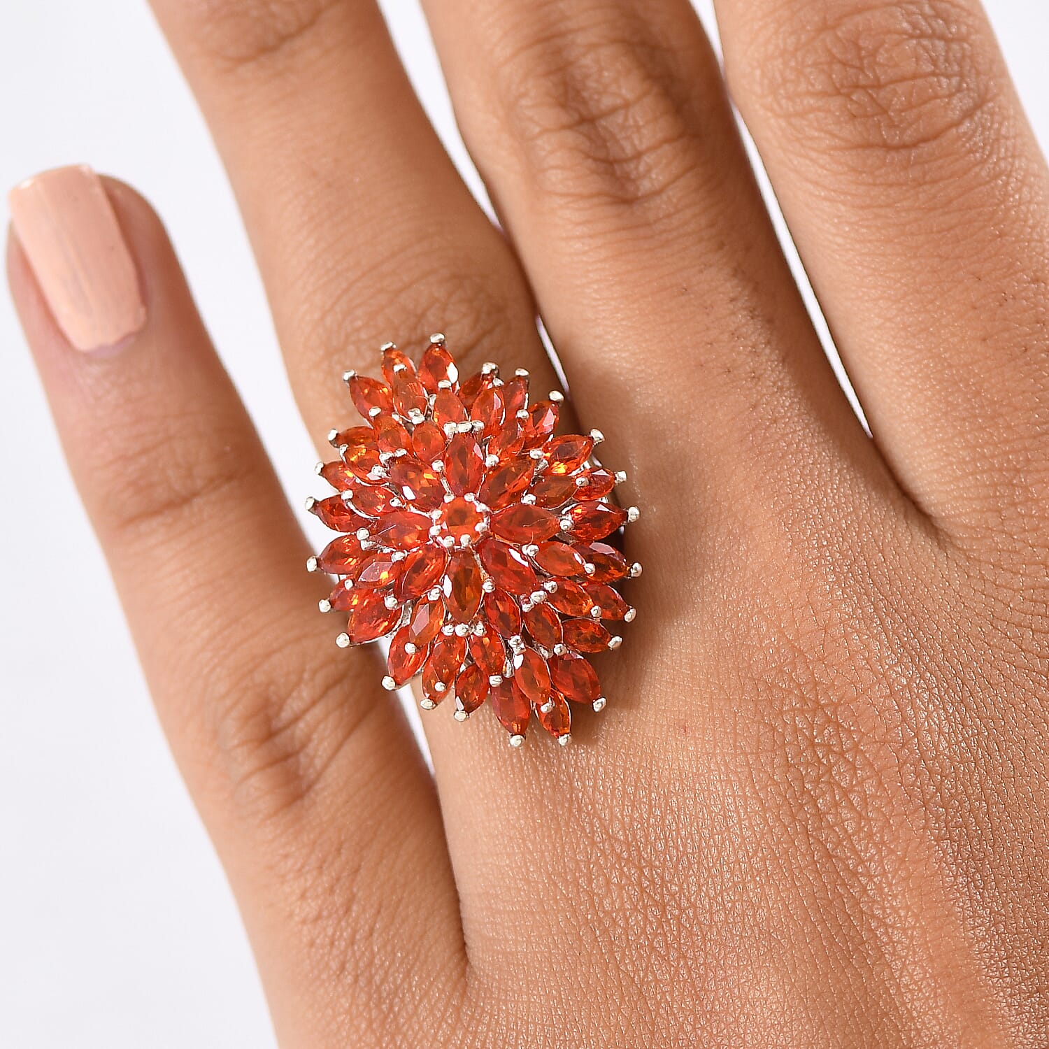 D'joy Fire Opal Cluster Ring in Rhodium Overlay Sterling Silver 3.48 Ct, Silver Wt. 6.37 Gms.