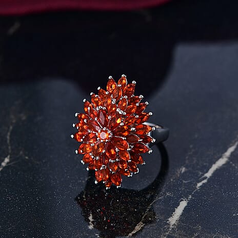 D'joy Fire Opal Cluster Ring in Rhodium Overlay Sterling Silver 3.48 Ct, Silver Wt. 6.37 Gms.