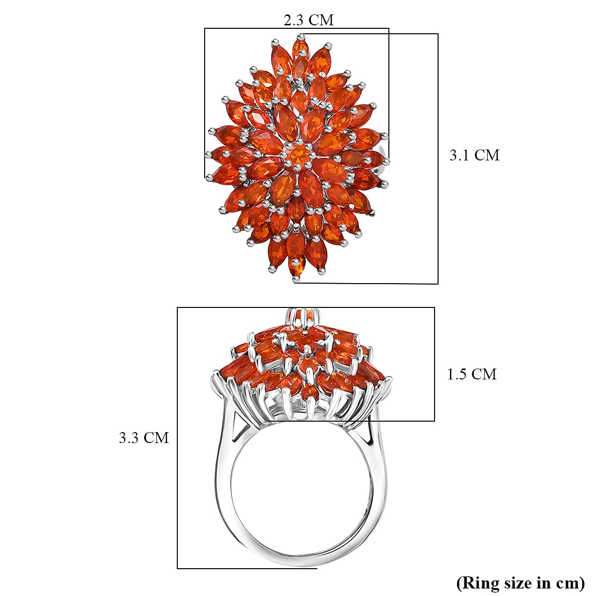 D'joy Fire Opal Cluster Ring in Rhodium Overlay Sterling Silver 3.48 Ct, Silver Wt. 6.37 Gms.