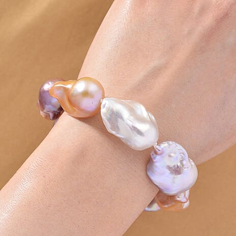 Multi Color Fresh Water Baroque Pearl Beads Bracelet (Size 7 - 2 Ext) with Lobster Clasp in Yellow Gold Plating Sterling Silver 155.00 Ct.
