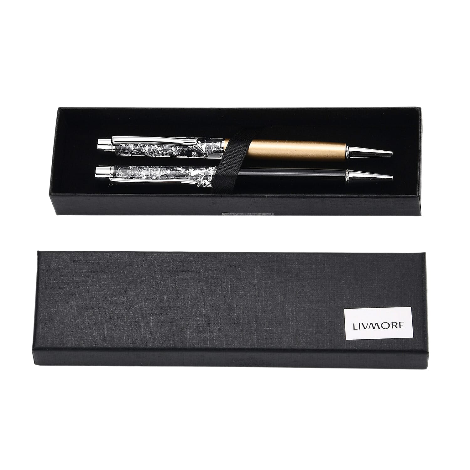 LIVMORE Exquisite Set of 2 999 Fine Silver Ballpoint Pens With Black Ink - Presented in a Gift Box