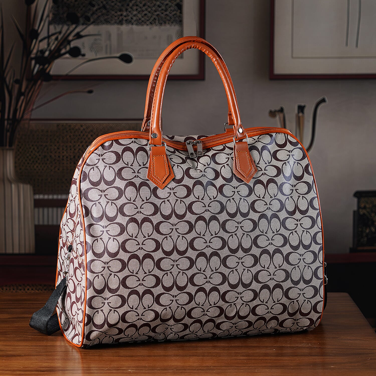 Geometric Pattern Travel Duffle Bag with Shoulder Strap (100 cm) - Light Brown