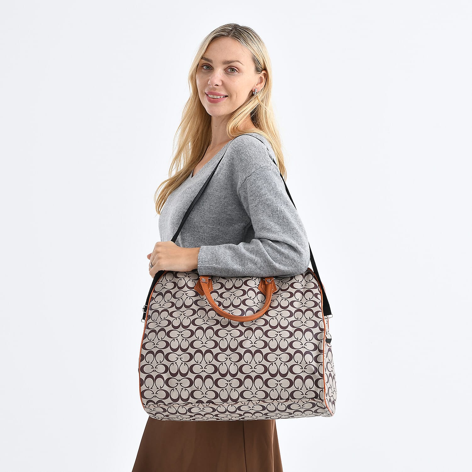 Geometric Pattern Travel Duffle Bag with Shoulder Strap (100 cm) - Light Brown