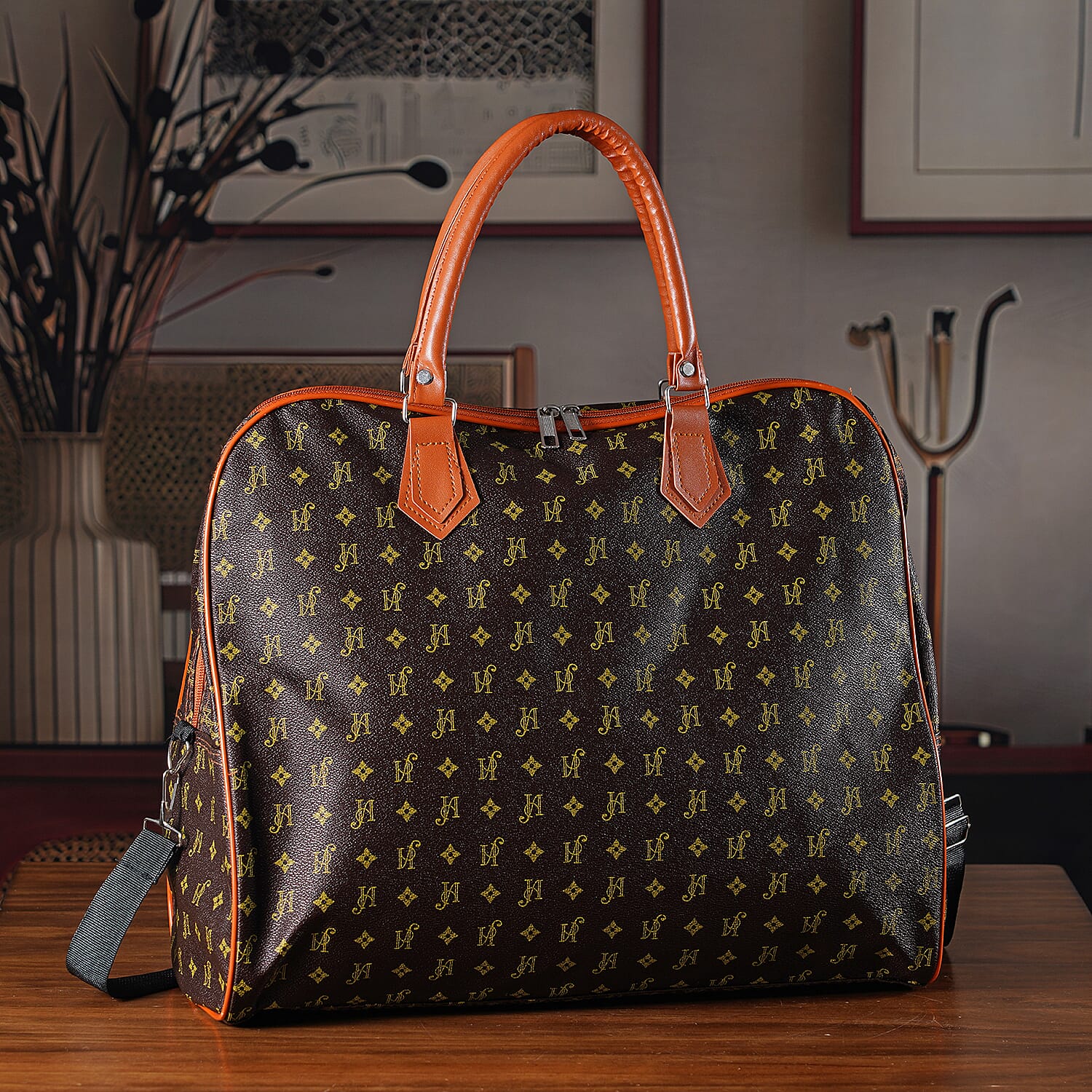 Geometric Pattern Travel Duffle Bag with Shoulder Strap (100 cm) - Coffee