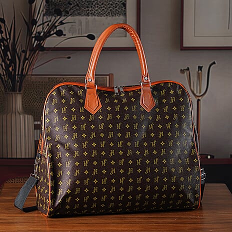 Geometric Pattern Travel Duffle Bag with Shoulder Strap (100 cm) - Coffee