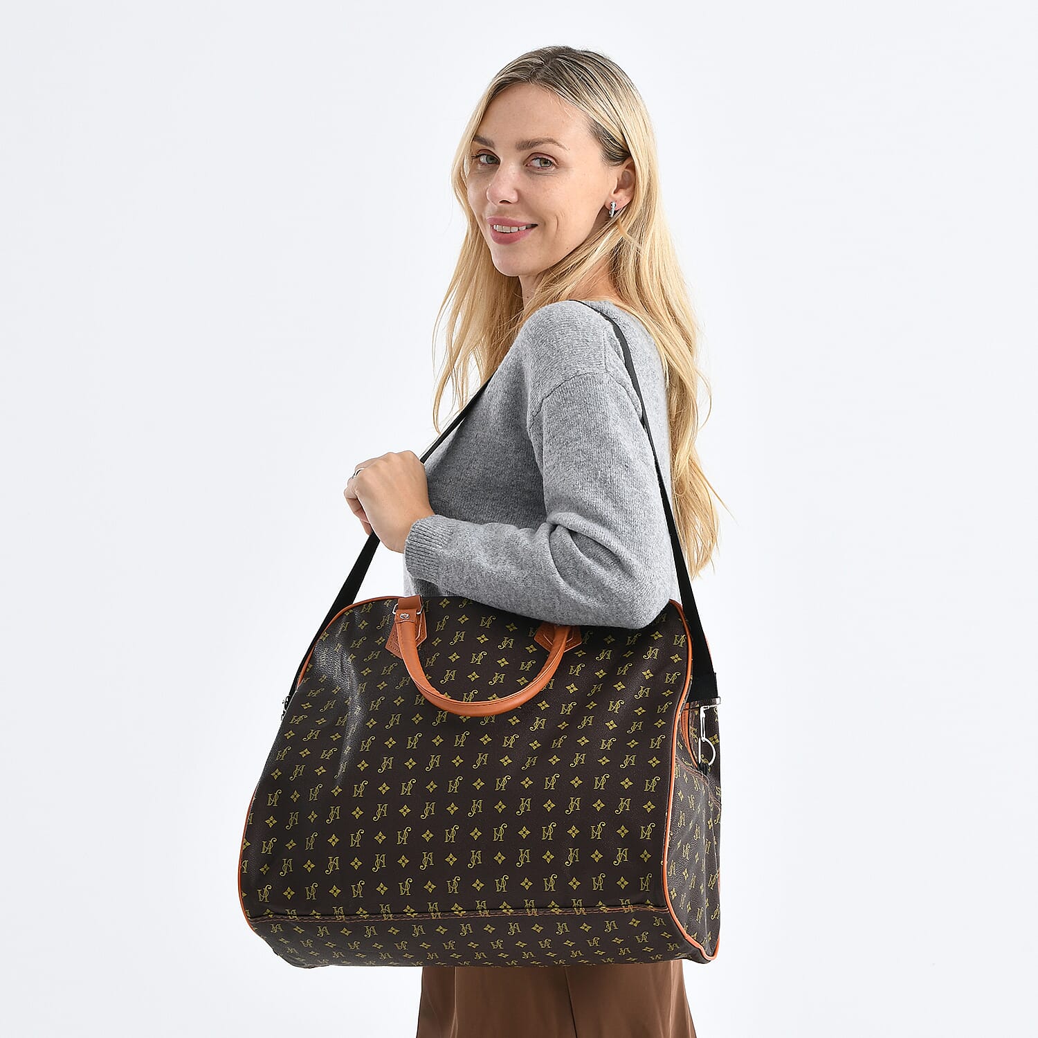 Geometric Pattern Travel Duffle Bag with Shoulder Strap (100 cm) - Coffee