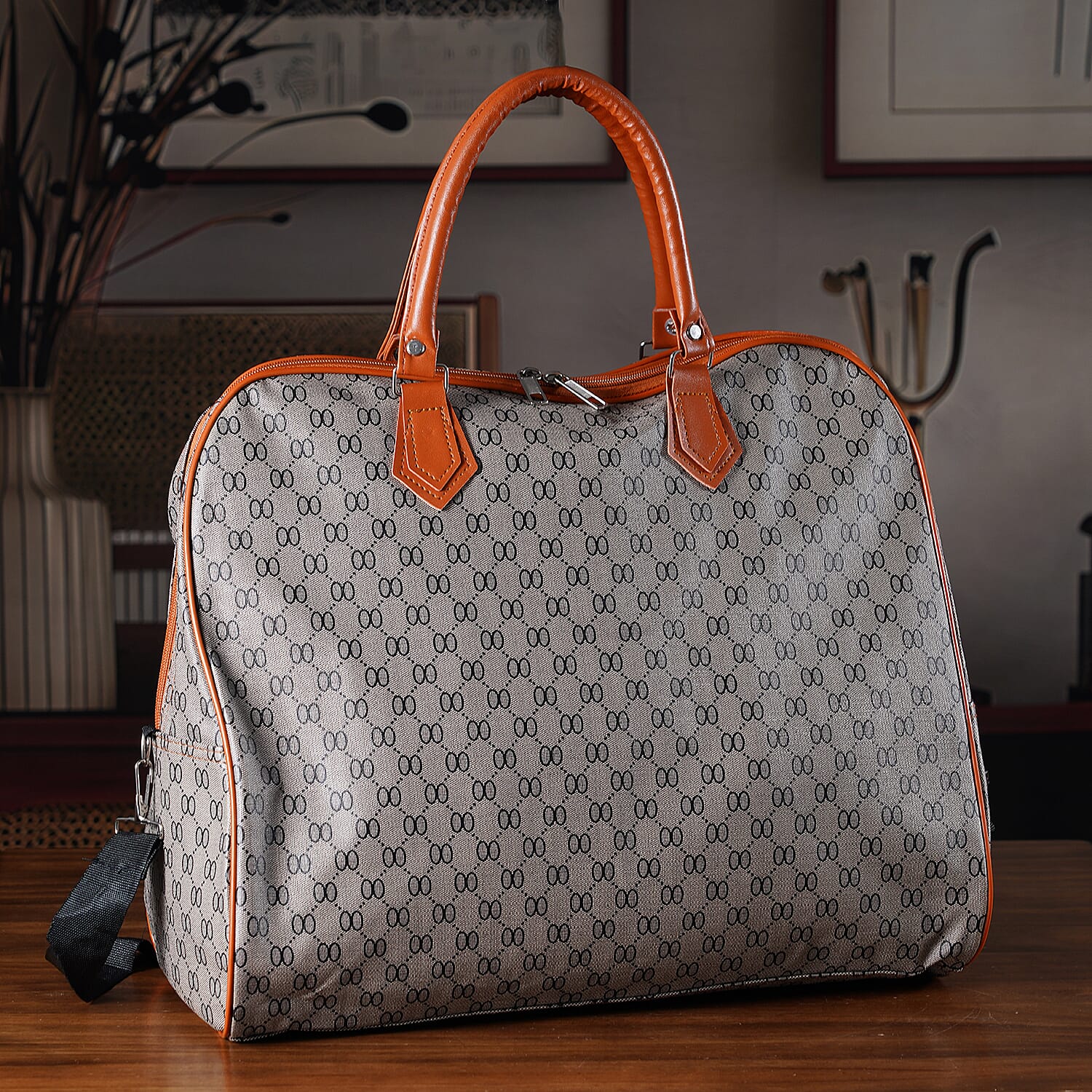 Geometric Pattern Travel Duffle Bag with Shoulder Strap (100 cm) - Light Black