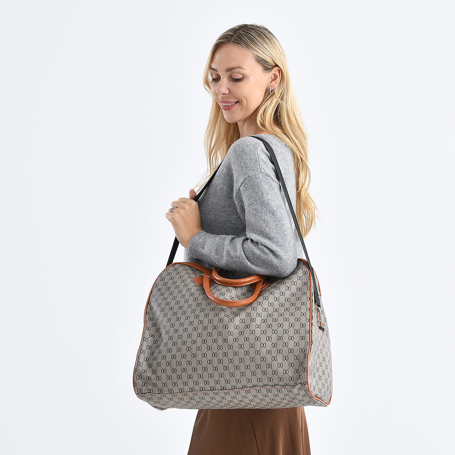 Geometric Pattern Travel Duffle Bag with Shoulder Strap (100 cm) - Light Black