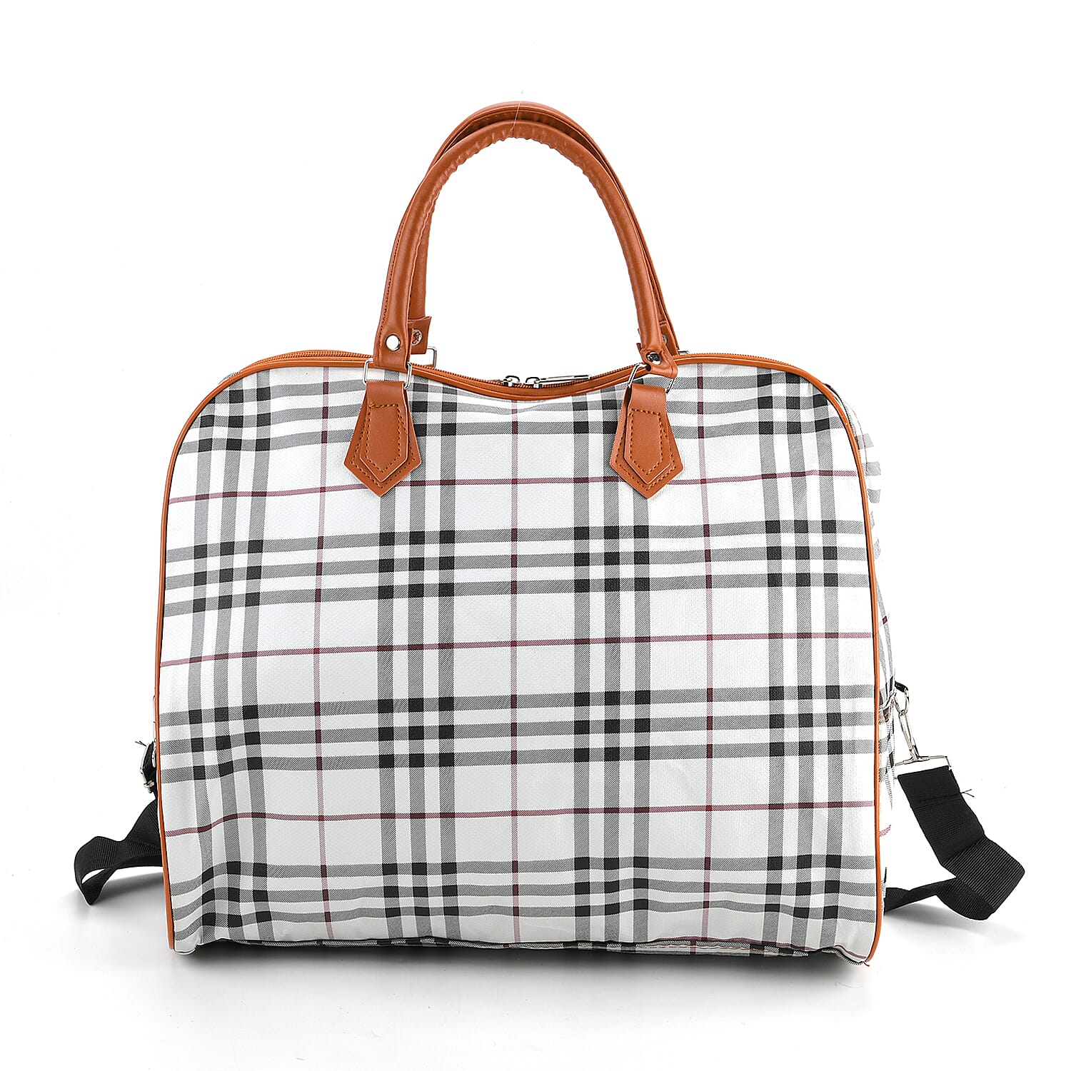 British Check Pattern Travel Duffle Bag with Shoulder Strap (100 cm) - Off-White