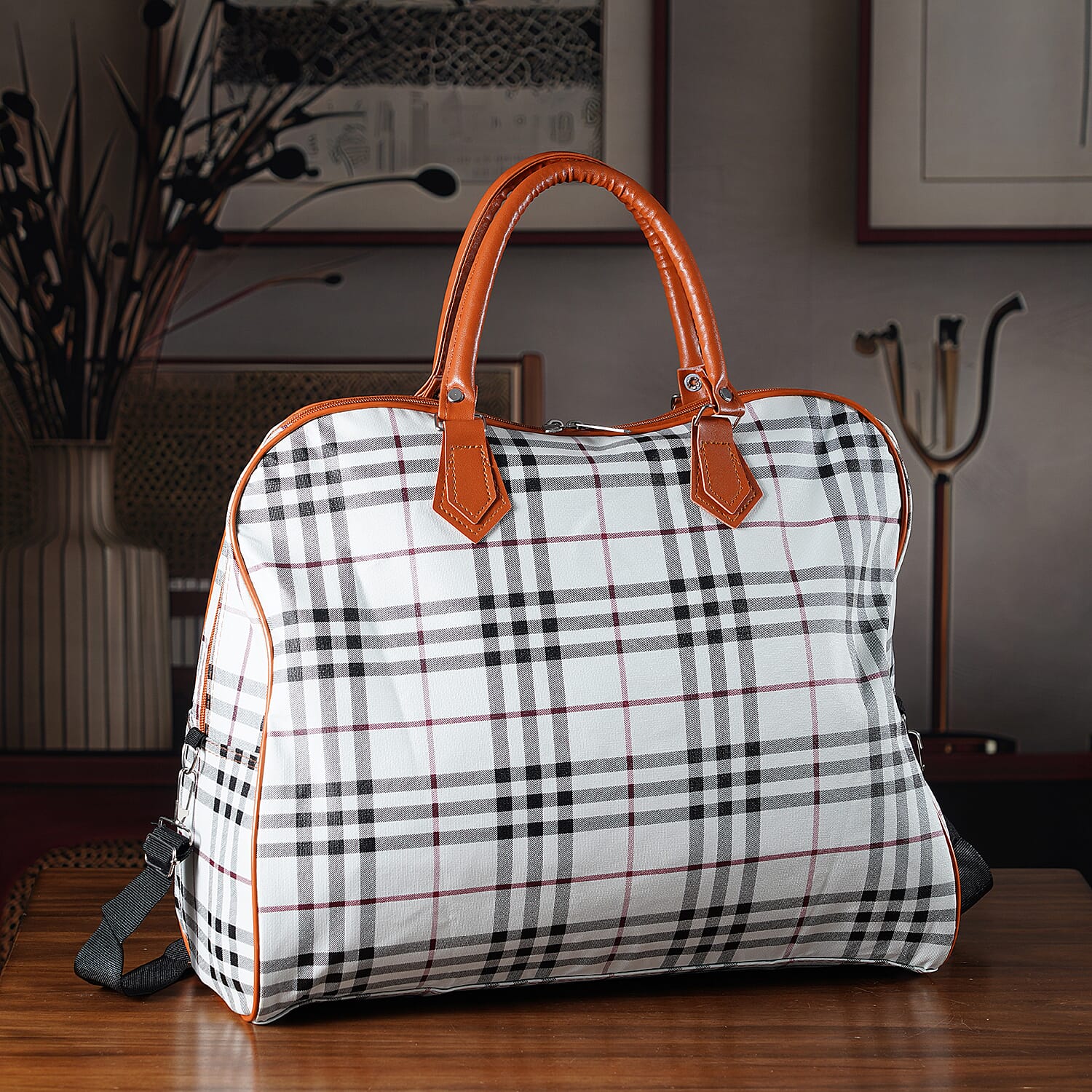 British Check Pattern Travel Duffle Bag with Shoulder Strap (100 cm) - Off-White