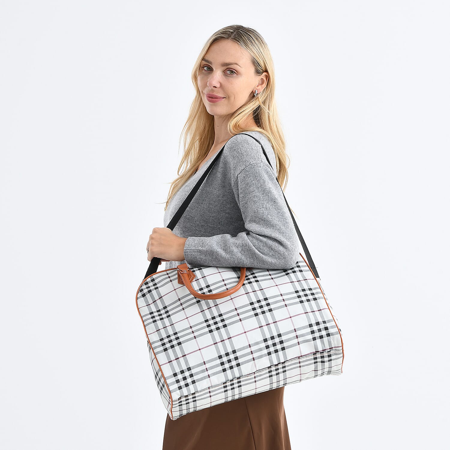 British Check Pattern Travel Duffle Bag with Shoulder Strap (100 cm) - Off-White