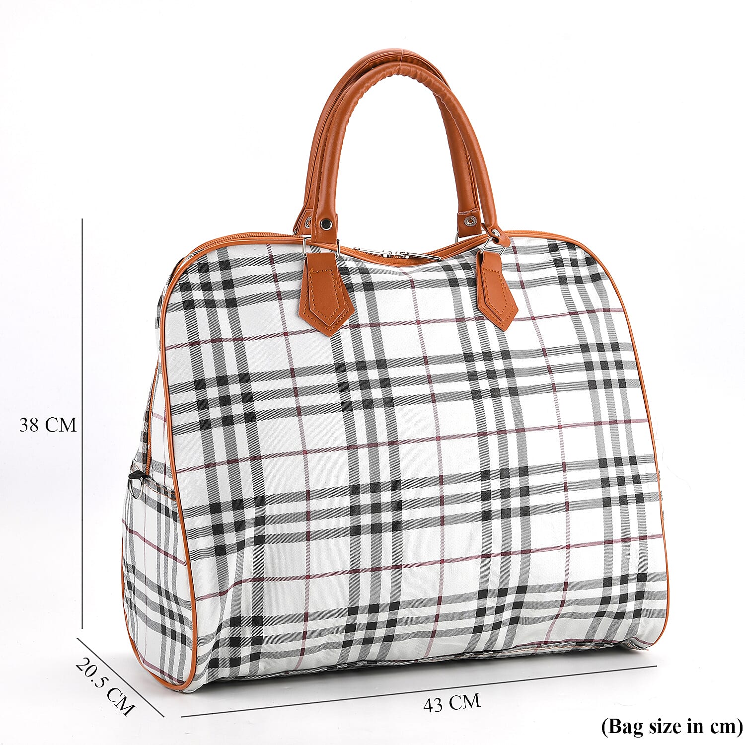 British Check Pattern Travel Duffle Bag with Shoulder Strap (100 cm) - Off-White
