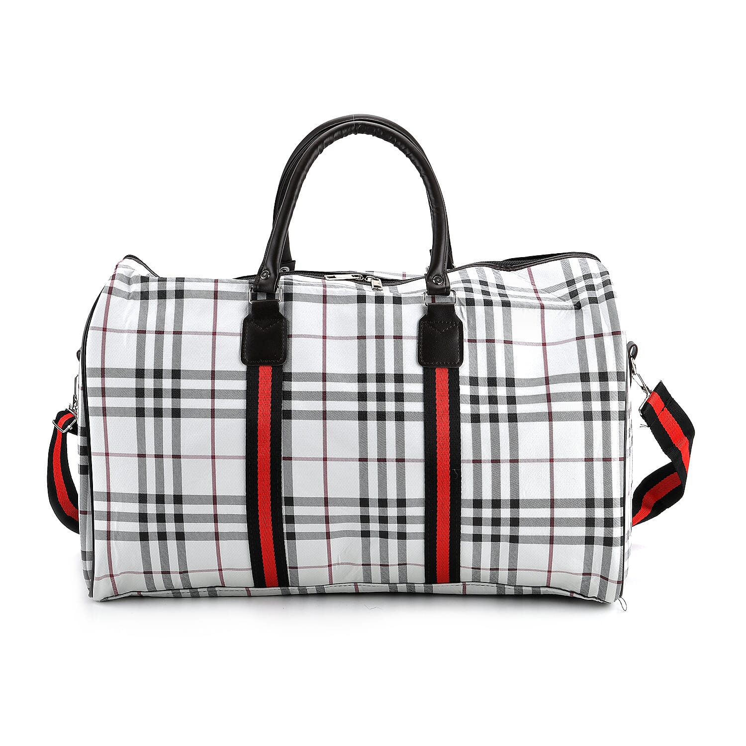Checkered Pattern Travel Duffel Bag with Red Stripe Detail (50 x 30 cm) - Off White