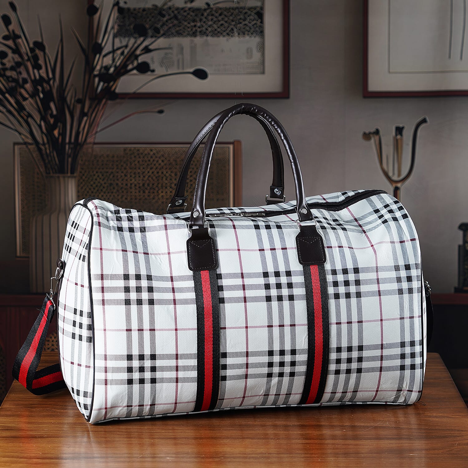 Checkered Pattern Travel Duffel Bag with Red Stripe Detail (50 x 30 cm) - Off White