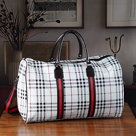 Checkered Pattern Travel Duffel Bag with Red Stripe Detail (50 x 30 cm) - Off White
