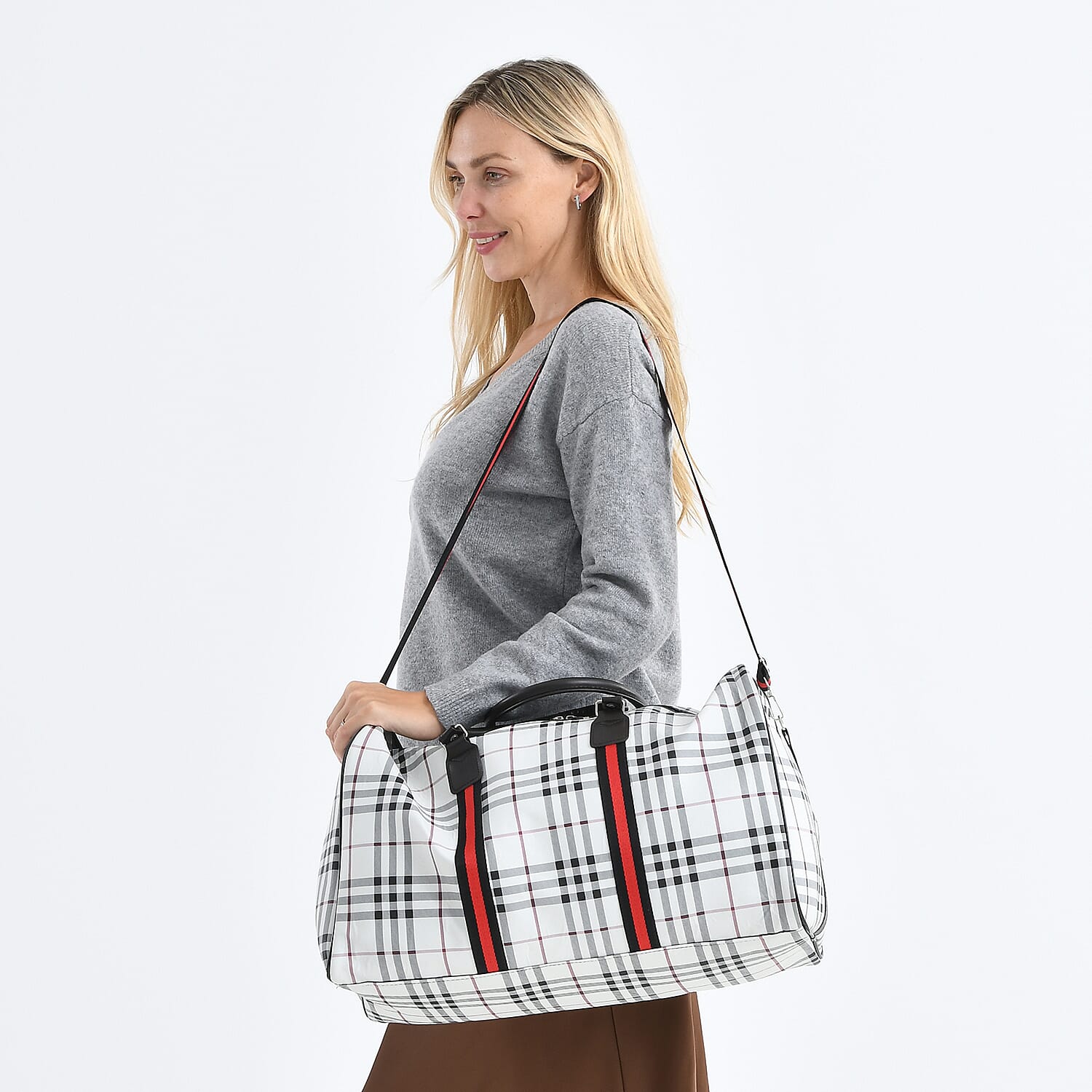 Checkered Pattern Travel Duffel Bag with Red Stripe Detail (50 x 30 cm) - Off White
