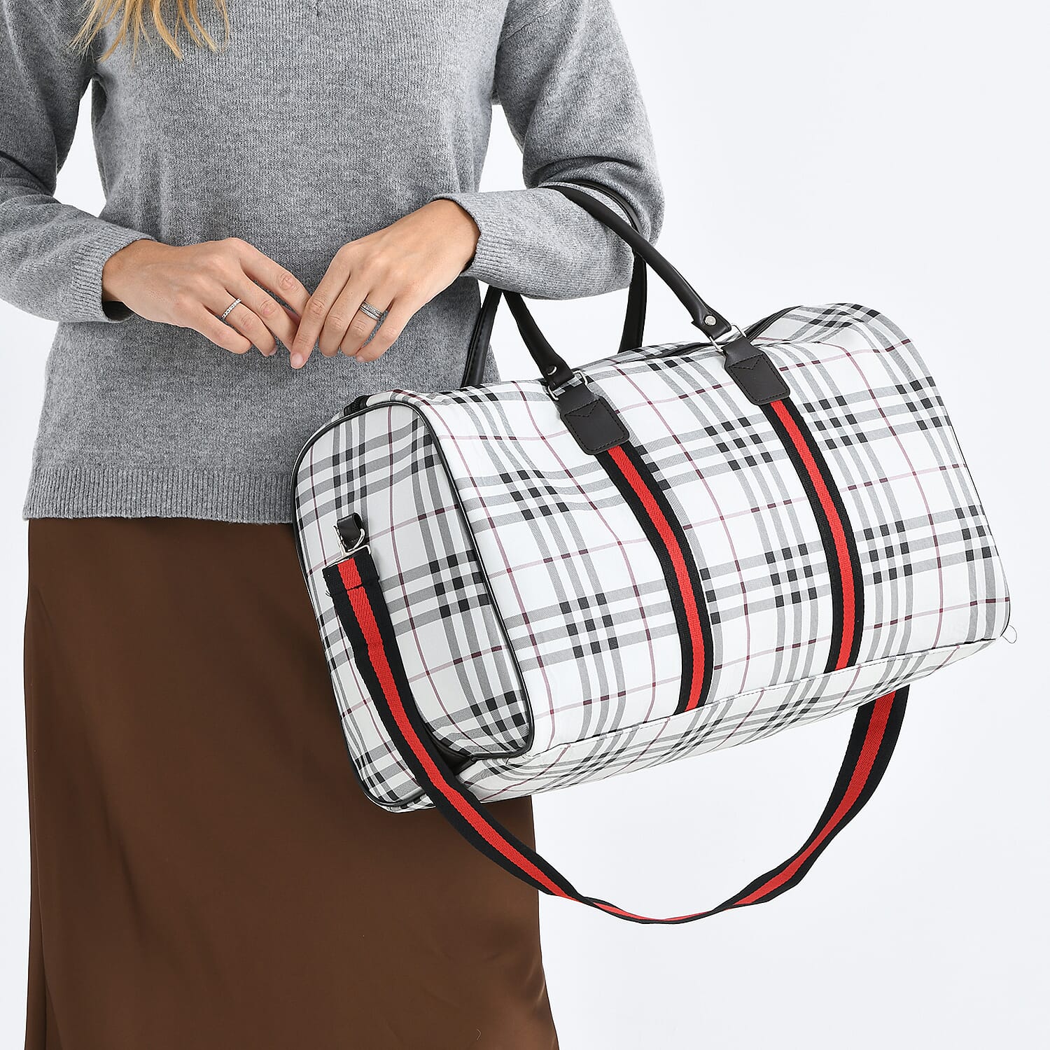 Checkered Pattern Travel Duffel Bag with Red Stripe Detail (50 x 30 cm) - Off White