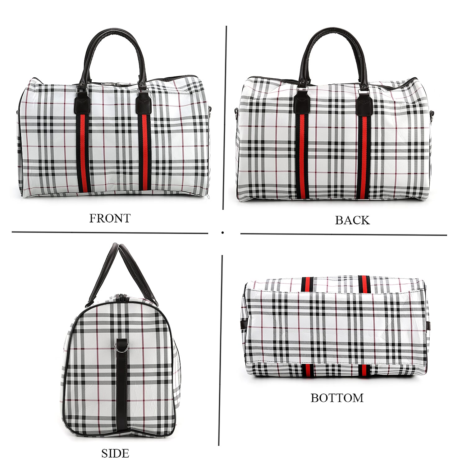 Checkered Pattern Travel Duffel Bag with Red Stripe Detail (50 x 30 cm) - Off White