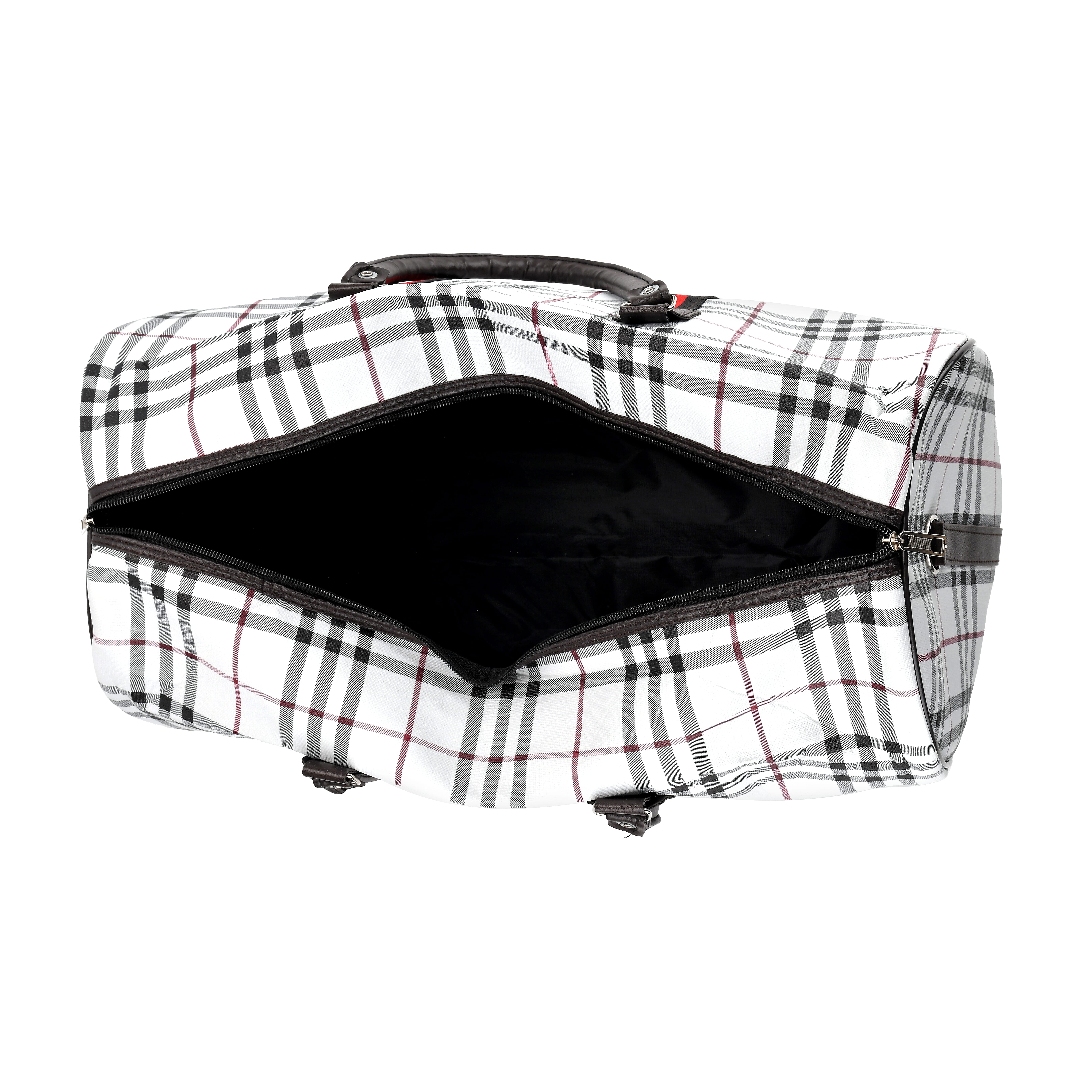 Checkered Pattern Travel Duffel Bag with Red Stripe Detail (50 x 30 cm) - Off White