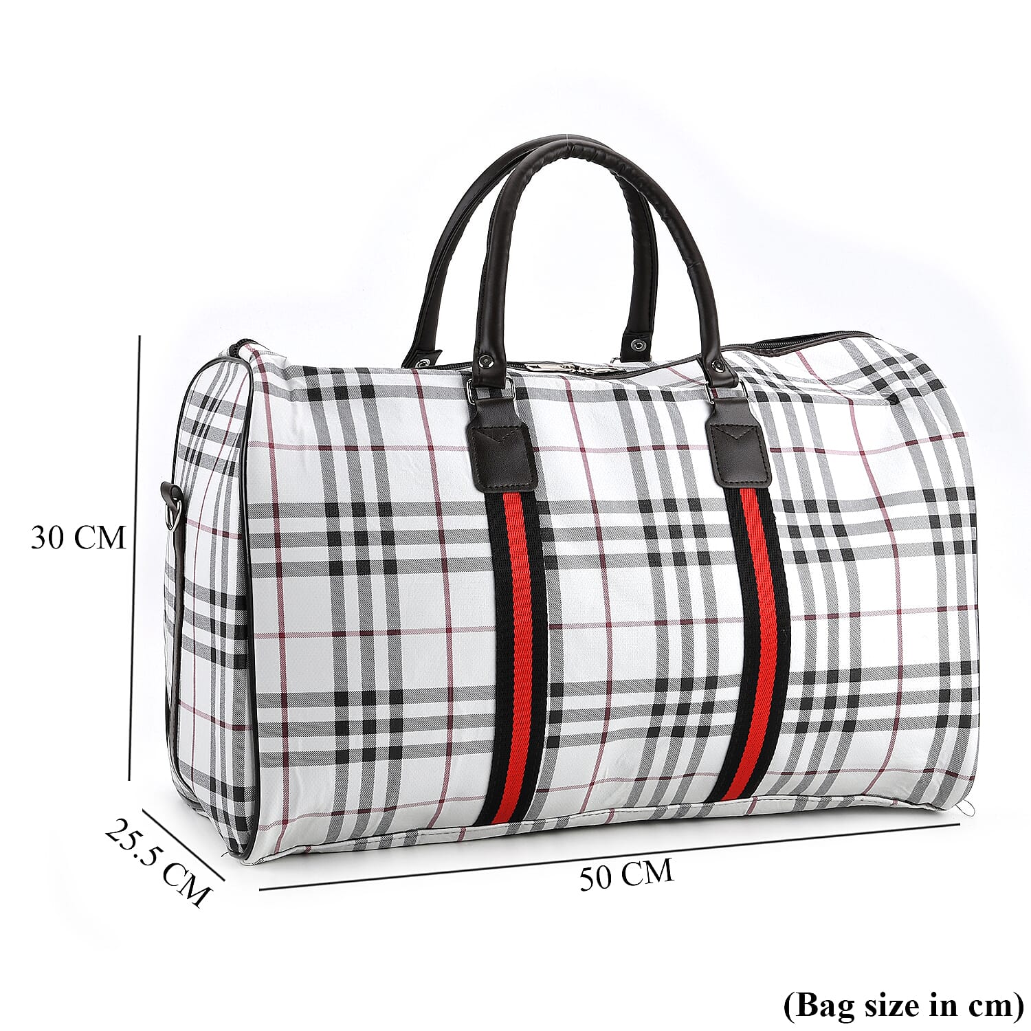 Checkered Pattern Travel Duffel Bag with Red Stripe Detail (50 x 30 cm) - Off White