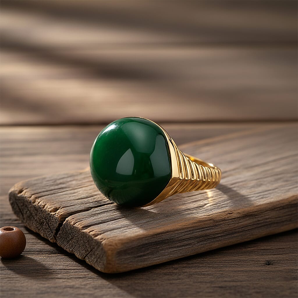 D'Joy Green Jade Ring in 18K Yellow Gold Plated Sterling Silver 23.74 Ct, Silver Wt. 5.70 Gms.