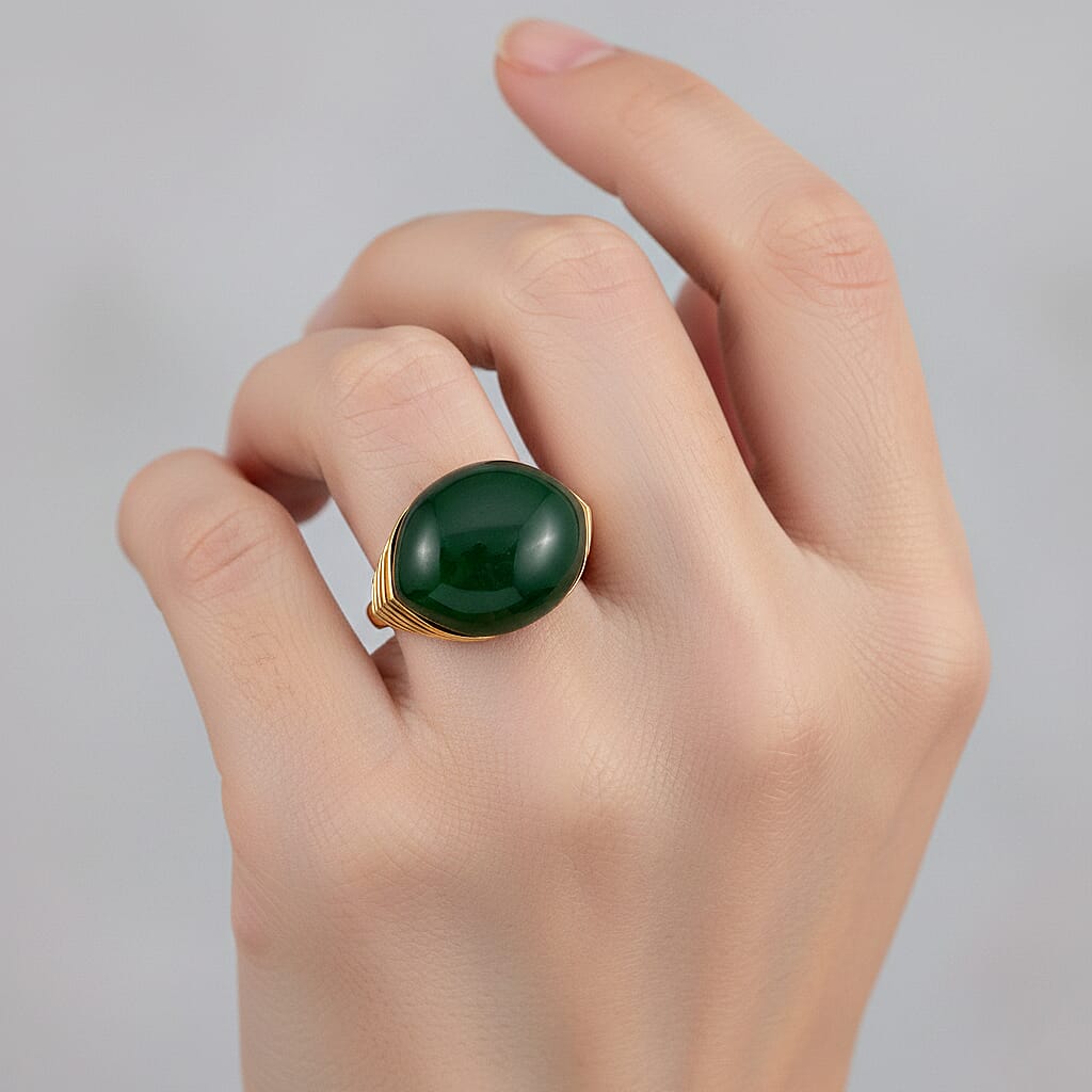 D'Joy Green Jade Ring in 18K Yellow Gold Plated Sterling Silver 23.74 Ct, Silver Wt. 5.70 Gms.