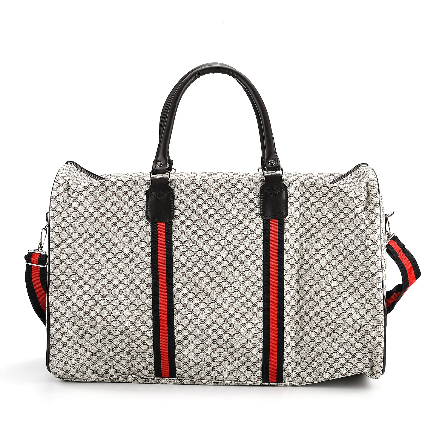 Monogram Pattern Travel Duffel Bag with Red Stripe Detail (50 x 30 cm) - Beige