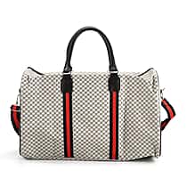 Monogram Pattern Travel Duffel Bag with Red Stripe Detail (50 x 30 cm) - Beige