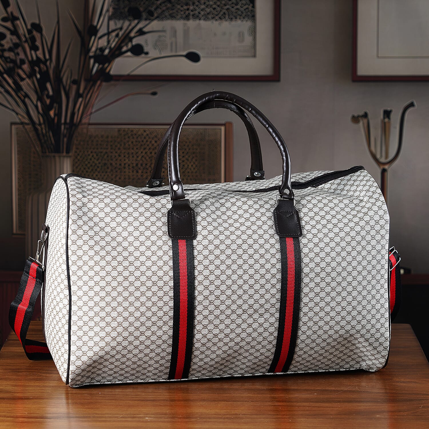 Monogram Pattern Travel Duffel Bag with Red Stripe Detail (50 x 30 cm) - Beige
