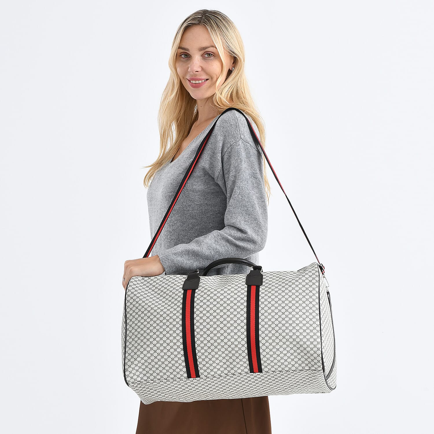 Monogram Pattern Travel Duffel Bag with Red Stripe Detail (50 x 30 cm) - Beige