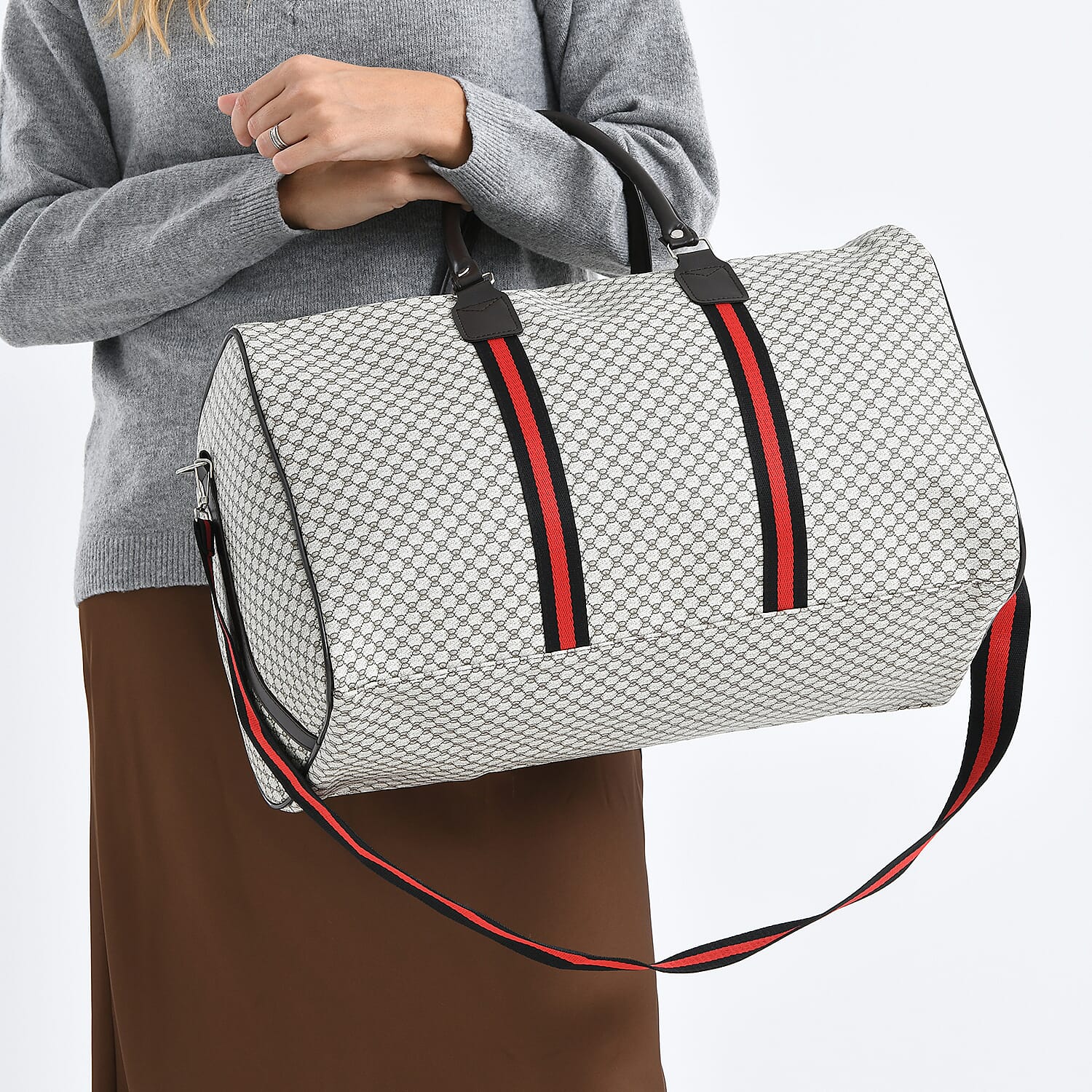 Monogram Pattern Travel Duffel Bag with Red Stripe Detail (50 x 30 cm) - Beige